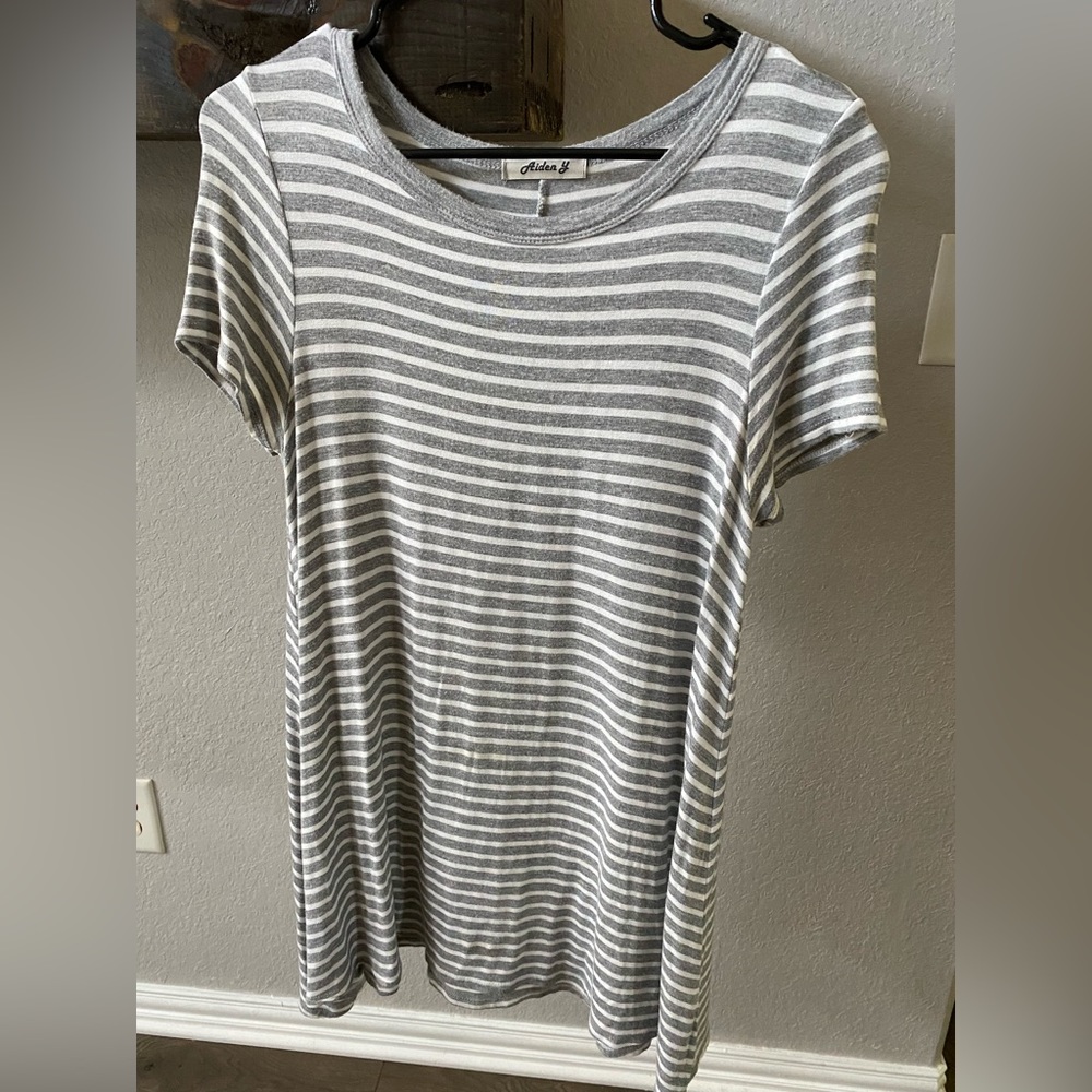 Soft gray and white striped t shirt dress size small